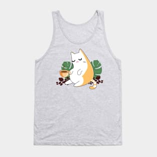 Ginger persian orange cute cat drinking coffee surrounded by leaves and beans of coffee Tank Top